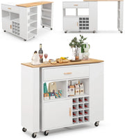 Carrello da cucina 2 in 1 con forma convertibile, isola di cucina, con ruote e spazio di archiviazione, cassetto, portabottiglie e ripiano regolabile, mobile per sala da pranzo (bianco)