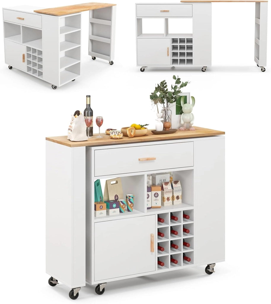 Carrello da cucina 2 in 1 con forma convertibile, isola di cucina, con ruote e spazio di archiviazione, cassetto, portabottiglie e ripiano regolabile, mobile per sala da pranzo (bianco)