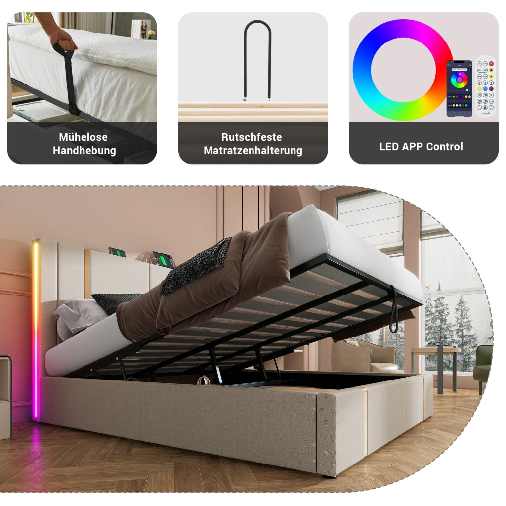 Letto Matrimoniale 2 Posti con Panca Contenitore; Luci da Lettura; USB e Comodini; 160×200 cm; senza Materasso