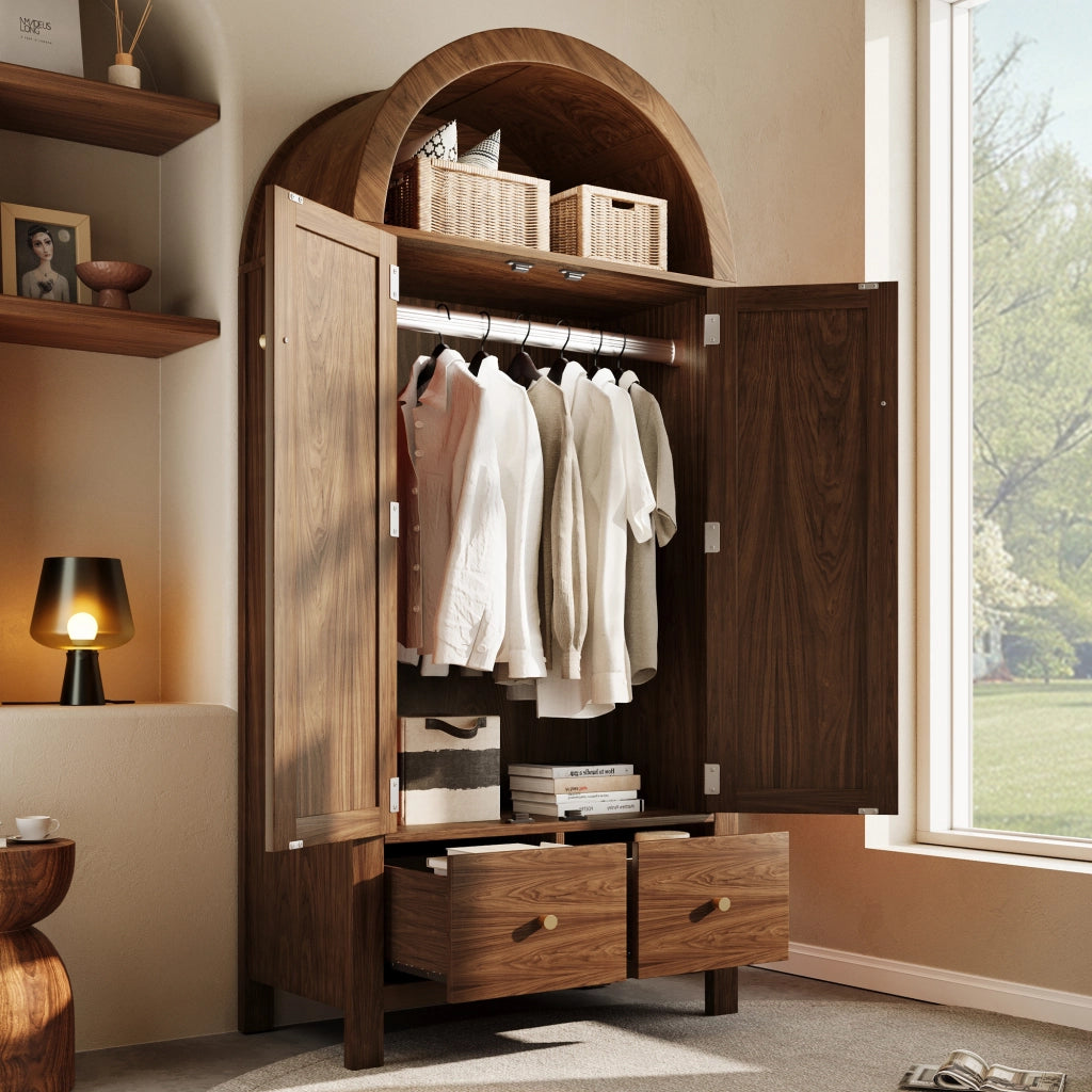 Armadio con 2 ante, 2 cassetti, vano aperto e asta, stile country, per camera da letto, noce, 181 × 78 × 45 cm
