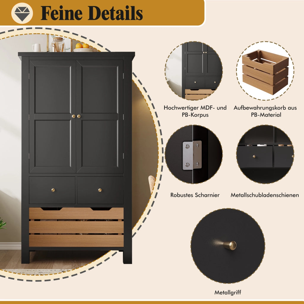 ARMADIO DISPENSA 80x40x140 cm Nero con 5 cassetti e 2 ante