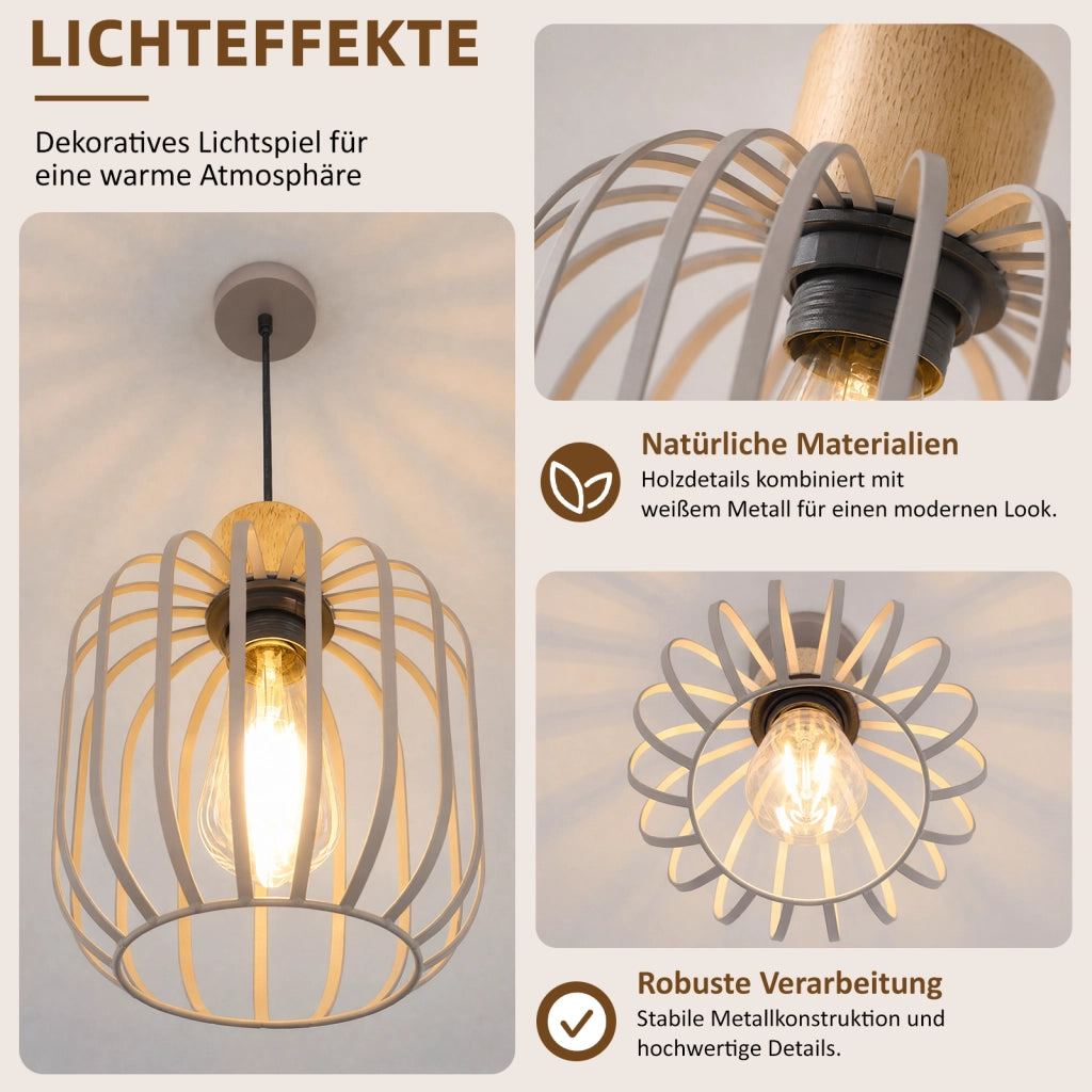 ZMH Lampada a Sospensione 1 Luce Legno Grigio E27 Moderna per Soggiorno Cucina Isola Corridoio Senza Lampadina