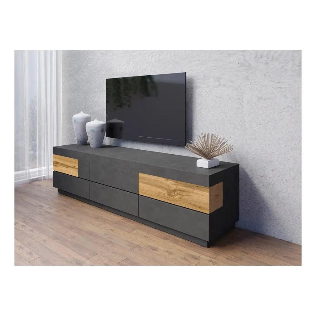 Mobile TV 200 cm KILES con 6 grandi cassetti - Dimensioni 206.3 x 53.6 x 50.3 cm
