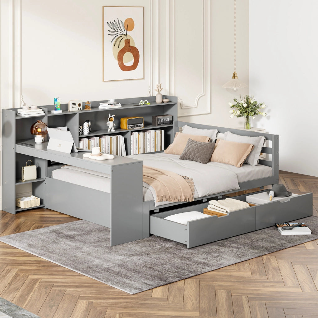 Divano letto multifunzione 140x200 cm con scrivania; libreria; 2 cassetti e prese USB; grigio