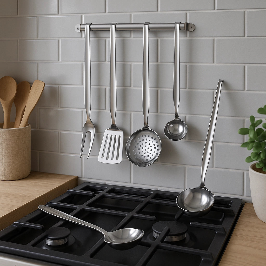 Set Mestoli Cucina Acciaio Inox 6 Pezzi con Barra da Parete – Made in Italy – Lavabili in Lavastoviglie