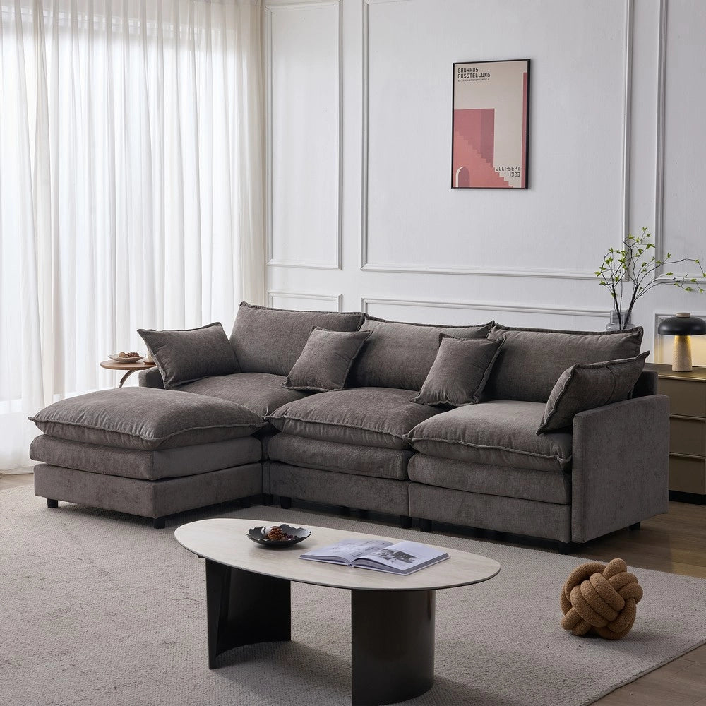 Divano Angolare Modulare 3 Posti con Chaise Longue e Poggiapiedi in Tessuto Chenille ¨C Xylo