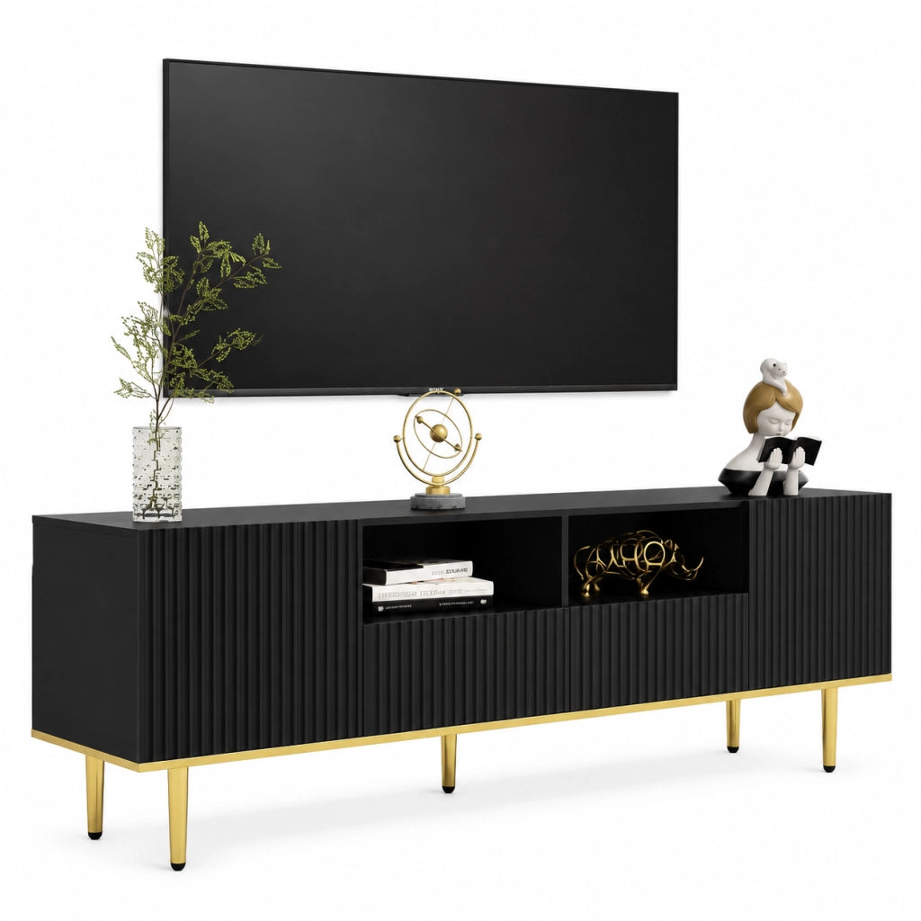 Mobile TV 165x36x55 cm; 2 vani e 2 cassetti con apertura a pressione; pannello truciolare nero e oro