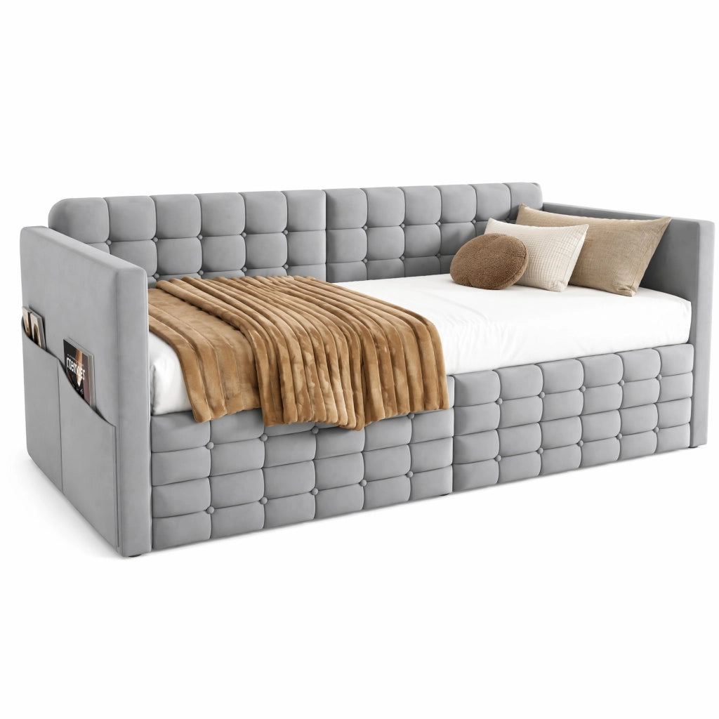 Letto imbottito 90x190 cm con testiera capitonn¨¦, 2 cassetti e tasche laterali, velluto grigio chiaro