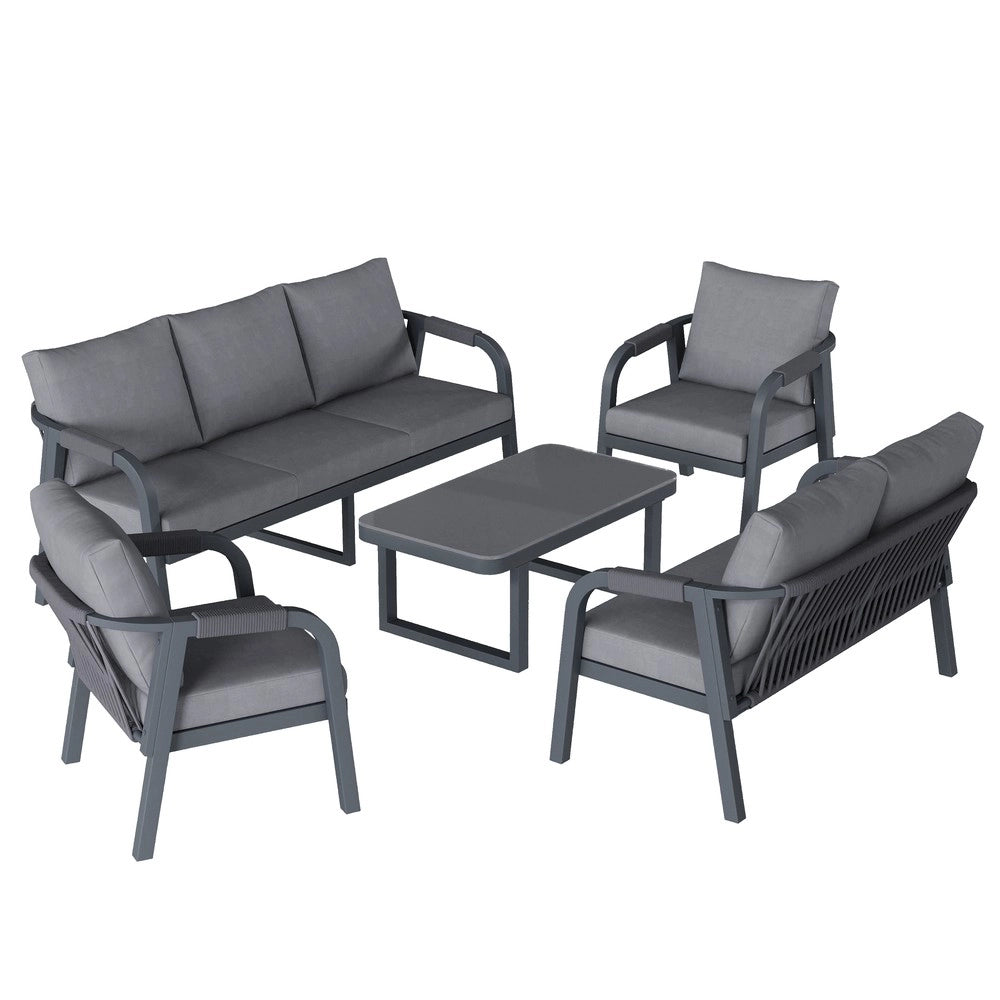 Set Divano da Giardino 7 Posti con Tavolino in Vetro e Corda ¨C Xylo ¨C Grigio