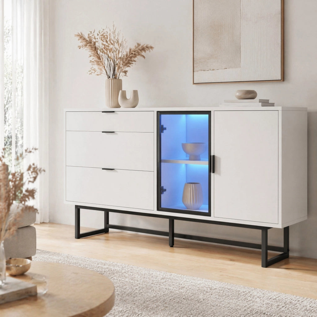 Sideboard moderno bianco 160x36x78 cm con LED; vetrina e tre cassetti