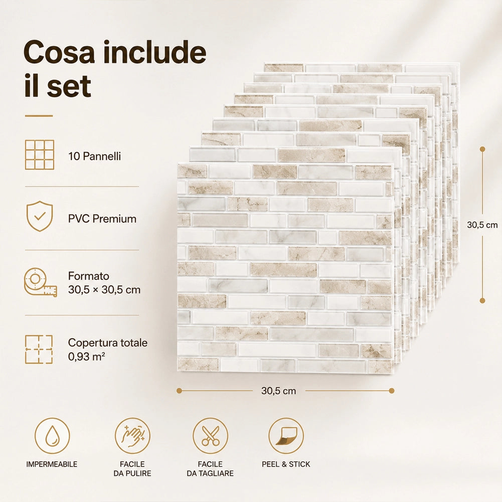 Set 10 Pannelli Adesivi Piastrelle Muro Parete 30.5 cm Decoro Mattoncini Beige