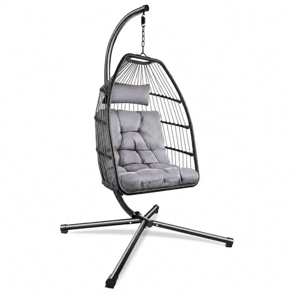 Sedia Pensile Da Giardino Con Telaio In Metallo E Seduta In Rattan Cuscino Morbido Poltrona Oscillante Per Relax Outdoor Su Balcone Terrazzo Portico E Veranda 107 x 98 x 202 Cm Grigio