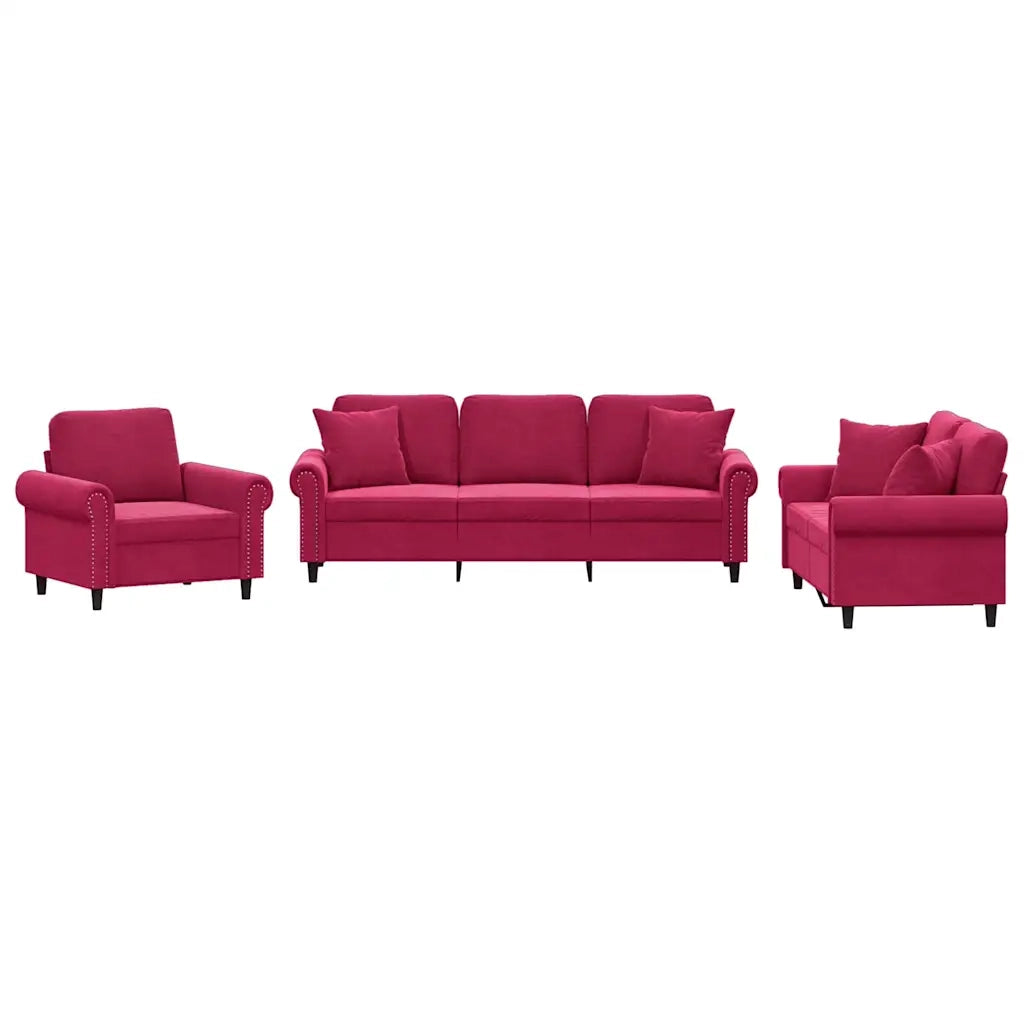 Set di Divani 3 pz con Cuscini Rosso Vino in Velluto