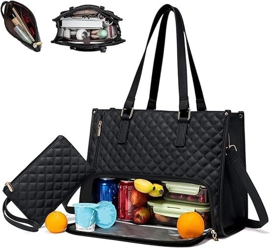 Borsa da viaggio 2 in 1 per donna, 15,6 pollici borsa laptop con contenitore isolante per pasti, borsa da mano imbottita con grande capacità e portafoglio (nero)