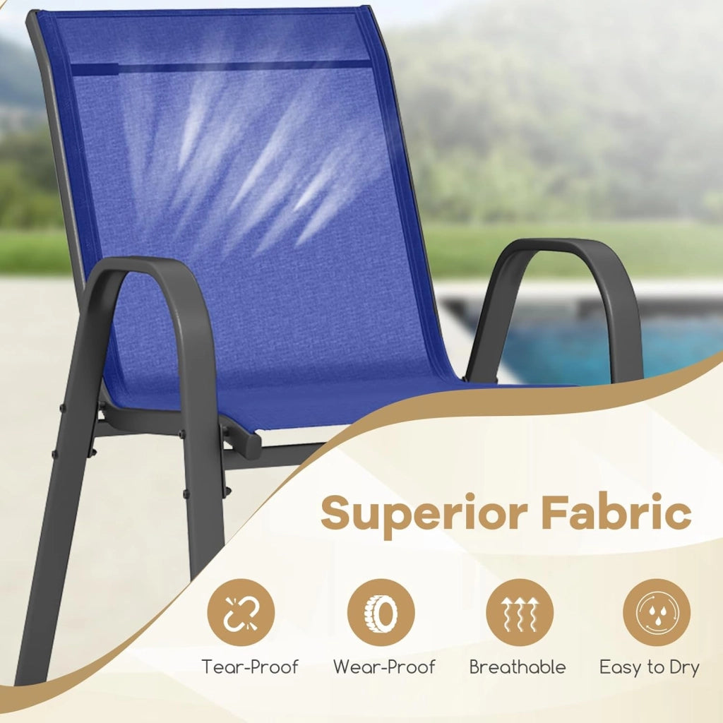 Set di 2/4 Sedie da Giardino, Sedie Impilabili da Esterno in Tessuto con Telaio in Metallo, Poltrona da Balcone con Braccioli e Schienale Alto, per Sala da Pranzo, Carico 150 kg (Blu*2)