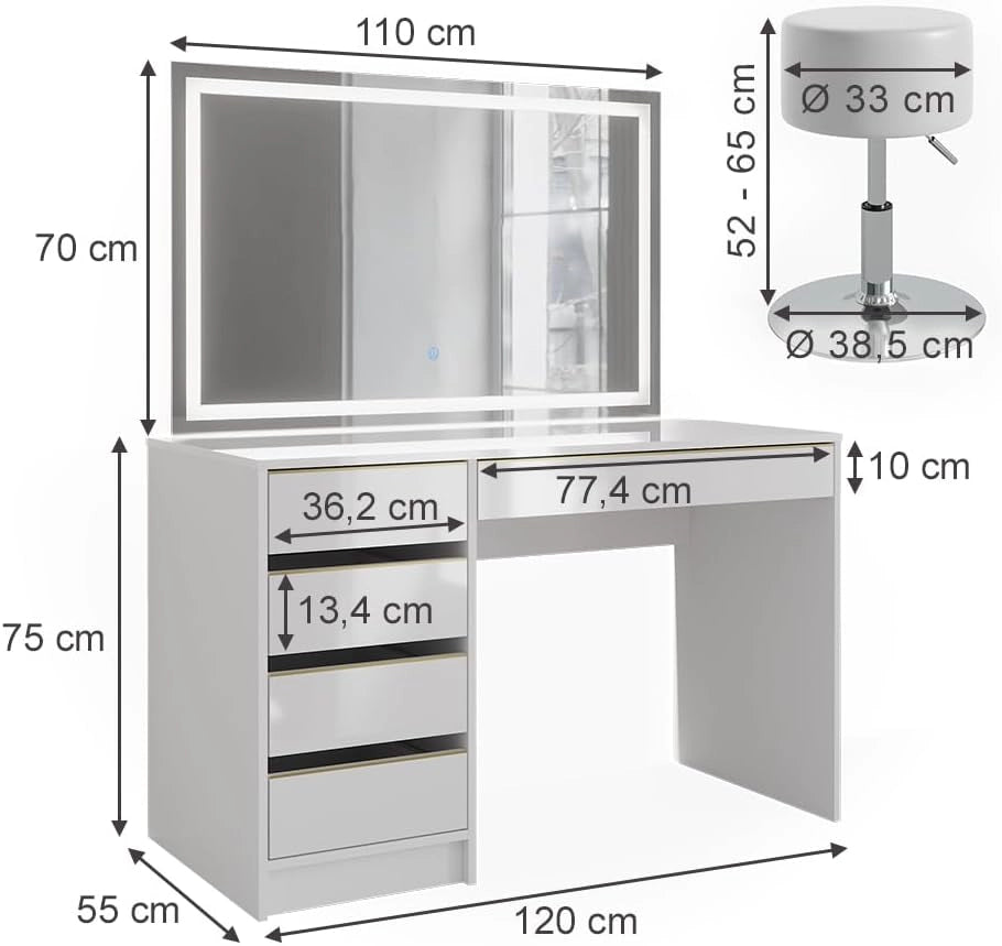 Vicco Tavolino da toilette Sherry, Bianco/Oro, 120 cm con specchio LED e sgabello, con illuminazione LED e sgabello imbottito