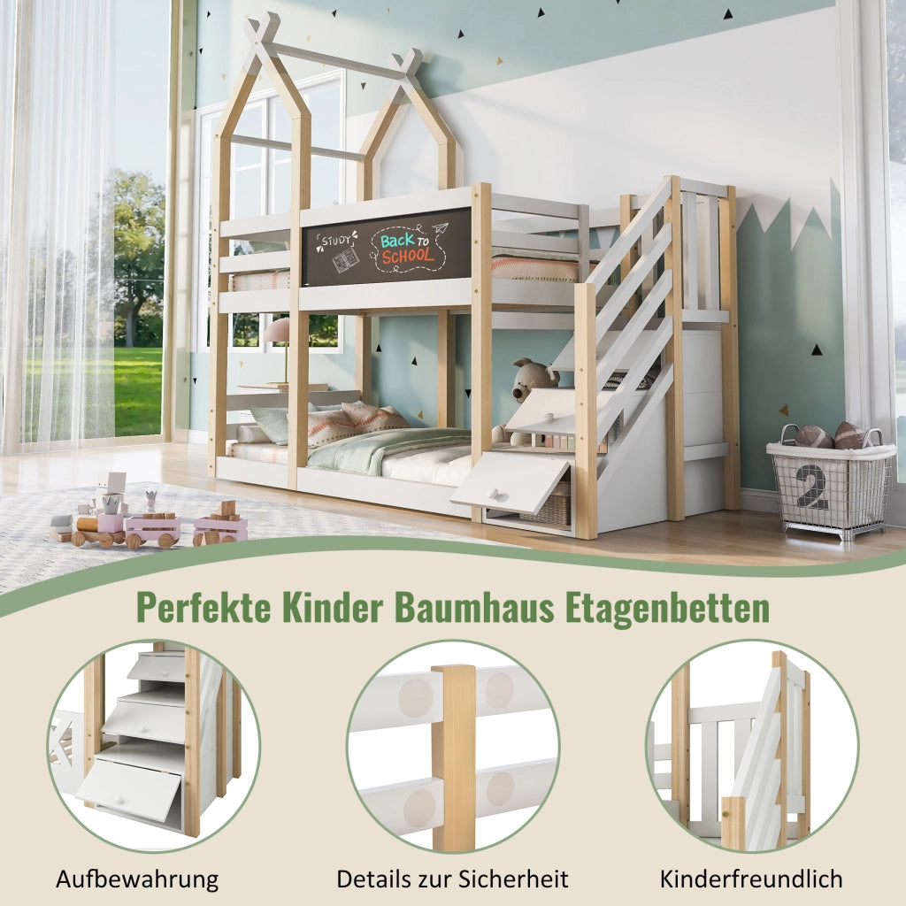 Letto a Castello 90x200 cm con Lavagna; Contenitore nella Scala e Sponda Bianca
