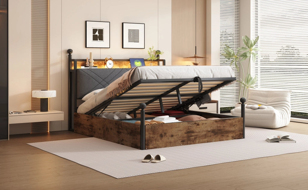 DESMIU Letto a baldacchino 140 × 190 cm 2 posti con contenitore, LED, USB e Type-C, senza materasso, nero