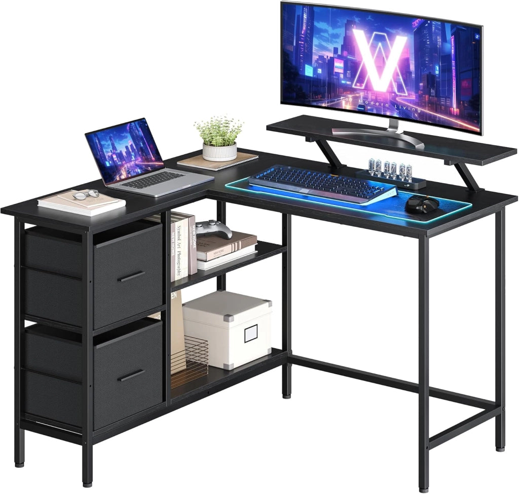 VASAGLE Scrivania per Computer a L, Scrivania ad Angolo con 2 Cassetti Spaziosi e Supporto per Monitor, Ripiano Regolabile, per Ufficio Studio, Bianco Acero LWD097W01