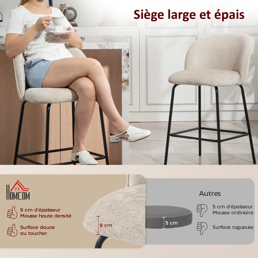 Sgabello da bar con schienale e poggiapiedi ¨C Xylo ¨C tessuto chenille beige 68cm