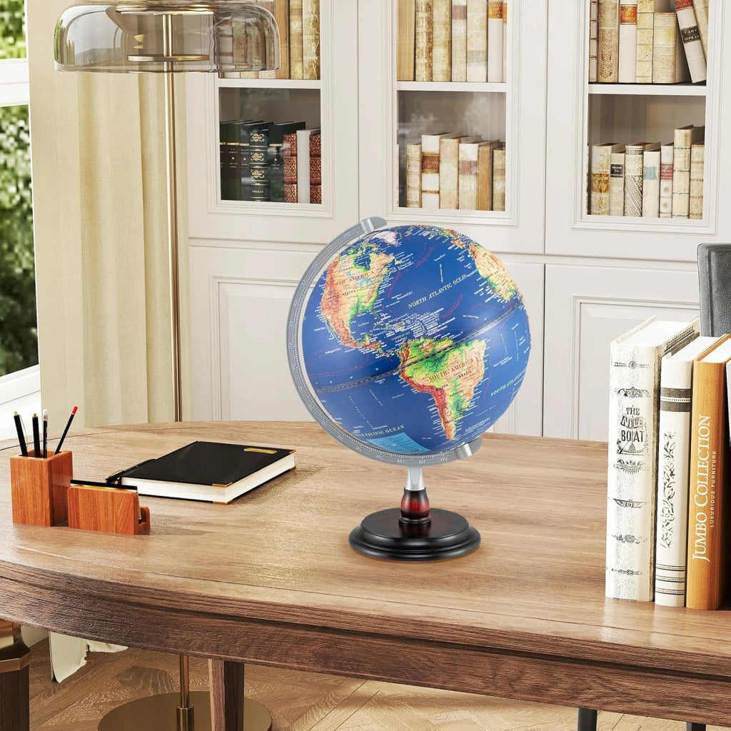 COSTWAY Mappamondo con Luce, Globo Terrestre Illuminato da 30 cm, Supporto in Legno, Decorazione Educativa in l’Inglese, per Casa, Ufficio e Scuola