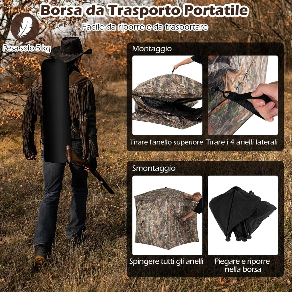 Tenda da Caccia per 2-3 Persone, Tenda Mimetica a 270° per Caccia, Tenda Pop-Up Camouflage con Porta Magnetica Silenziosa, 4 Finestre e Borsa da Trasporto, 146 x 146 x 170 cm