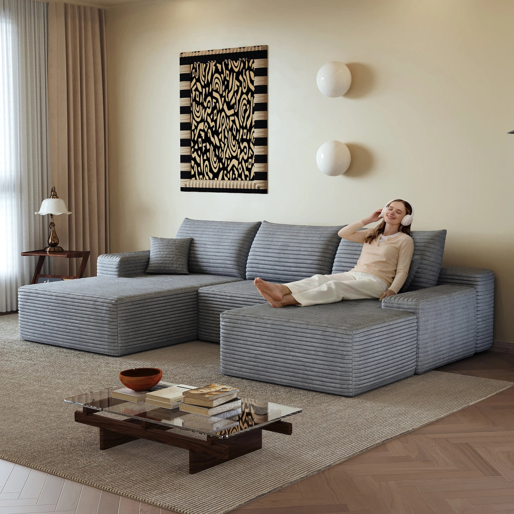 Divano angolare modulare senza montaggio con chaise longue in velluto a coste grigio e schiuma ad alta elasticità