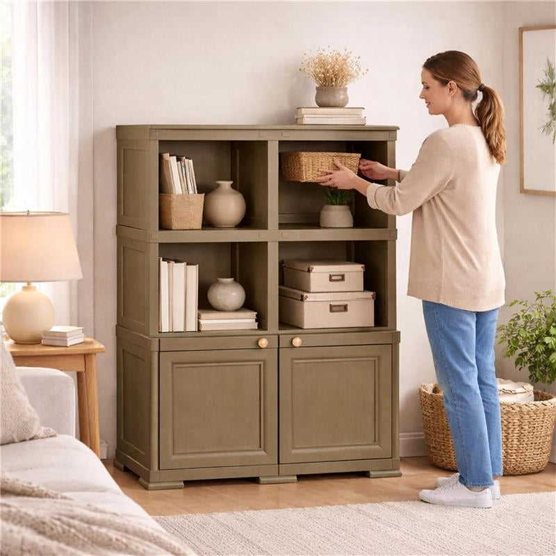 ARMADIO IN PLASTICA EFFETTO LEGNO CON 1 MODULO CHIUSO E 2 SCAFFALI APERTI – MOBILE CONTENITORE PER SALOTTO E BALCONE COPERTO