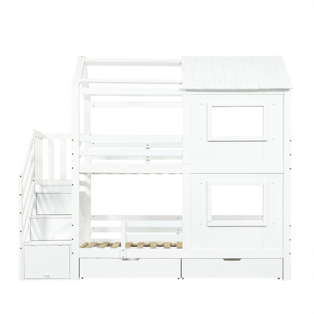 Letto a castello per bambini - Zephmum- 90x200cm- Bianco- Con scala armadio, cassetti e tetto