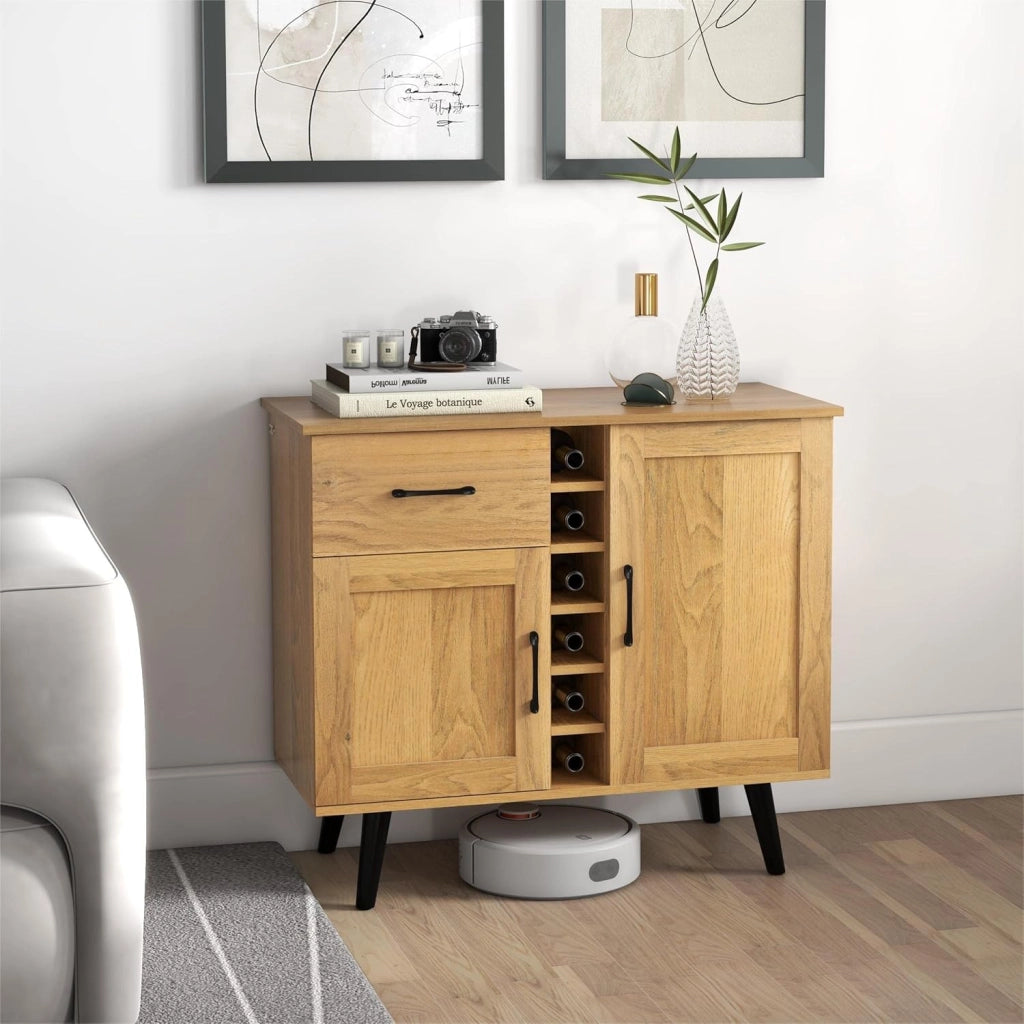 Credenza da Cucina con Porta Vino per 6 Bottiglie, 90 x 40 x 79 cm, Mobile da Bar con 2 Ante e 1 Cassetto, Ripiani Regolabili, per Sala da Pranzo e Soggiorno (Naturale)