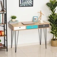Scrivania Moderna con 3 Cassetti Multicolore in Legno e Metallo, Scrivania per Camera e Ufficio in Stile Nordico, 110x50x77.5cm
