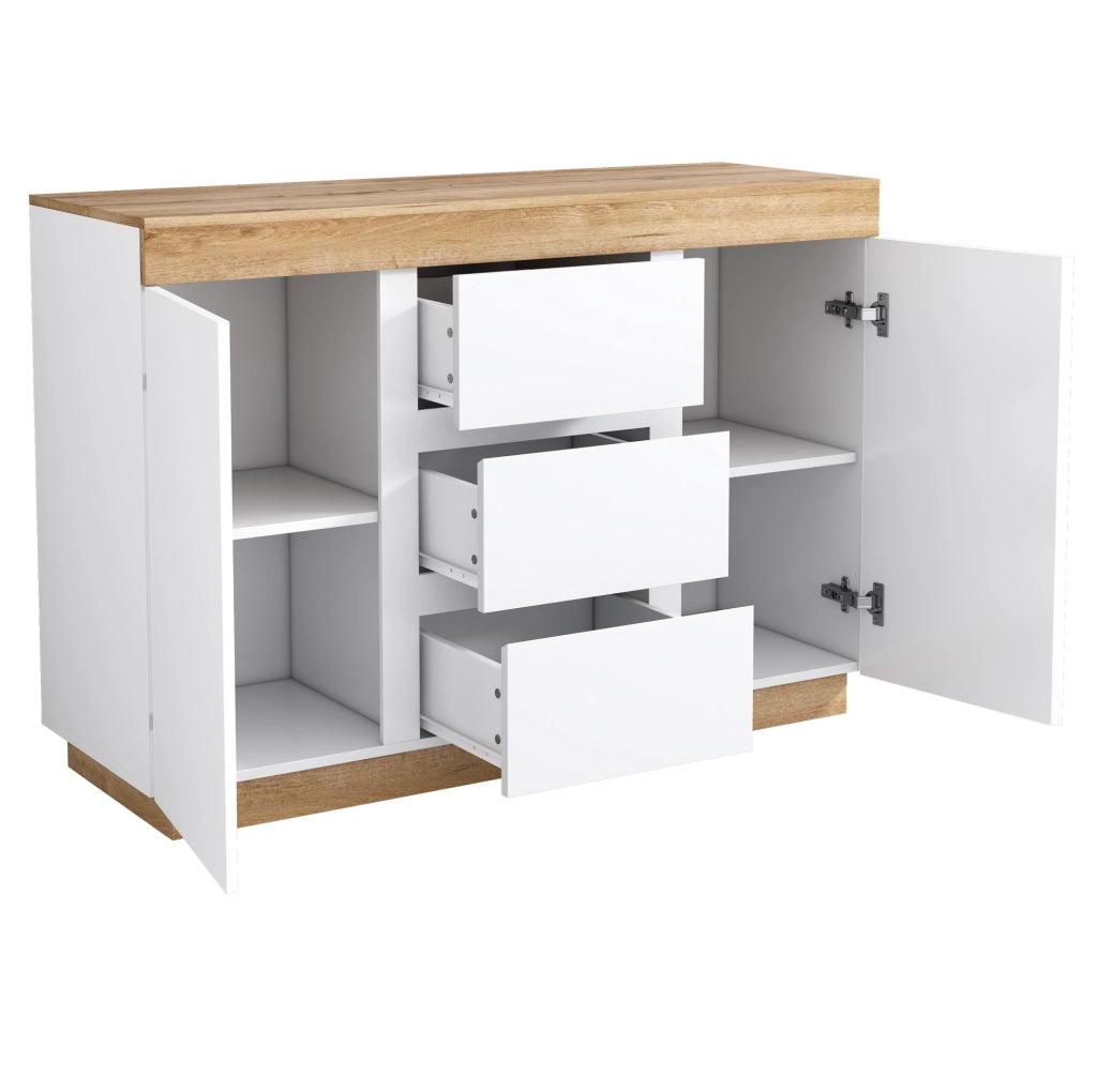 Cassettiera classica con 3 cassetti e 2 ante; in truciolare E1; bianco e rovere