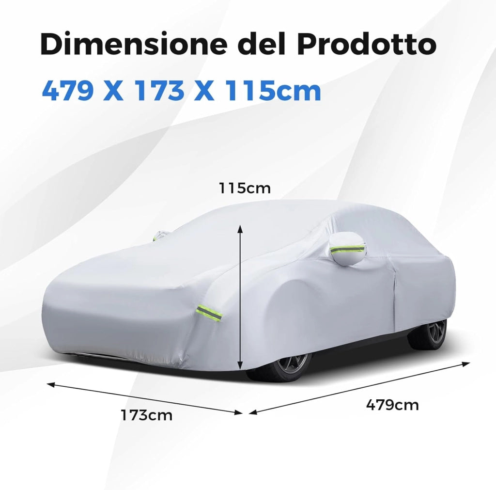 Copertura Auto con Porta a Zip, Serratura, Copertura per Auto con Strisce Riflettenti, Copertura Universale per Esterni per Auto (479 X 173 X 115cm)