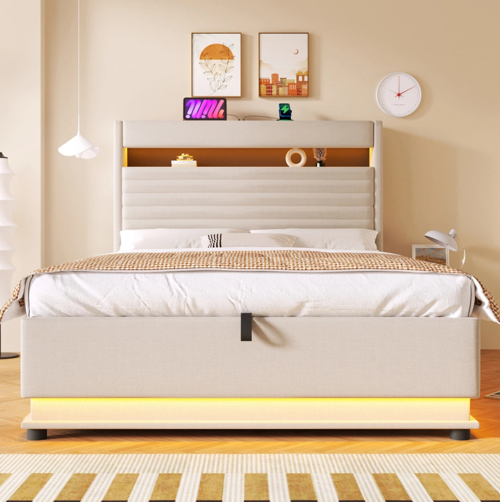 Letto imbottito 140x200 cm con LED, USB/Type-C e contenitore