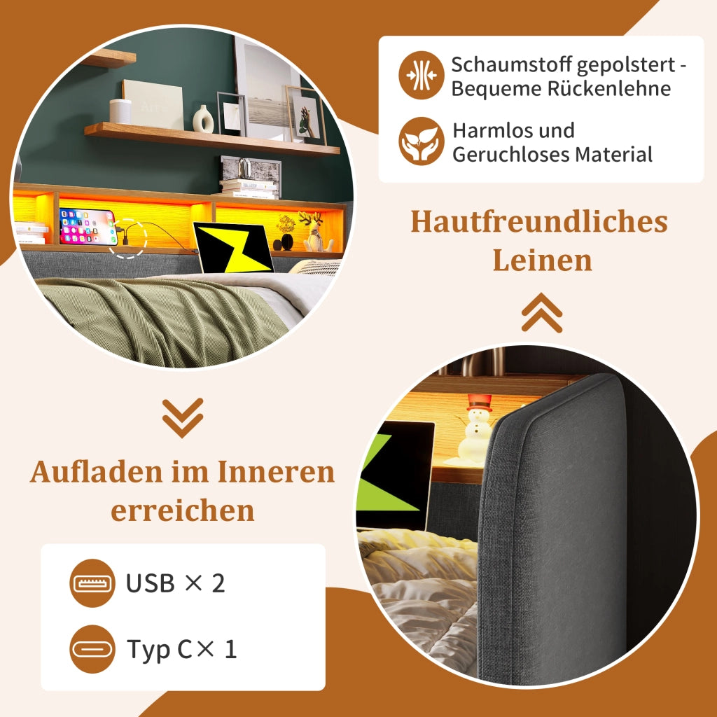 Divano letto imbottito con LED e USB 140x190 cm colore grigio lino