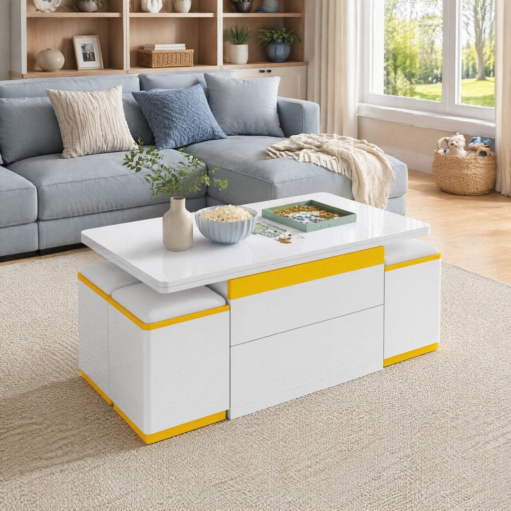 Tavolino da caffè trasformabile con 4 sgabelli contenitore 100x50x43 cm in MDF e truciolare bianco e giallo