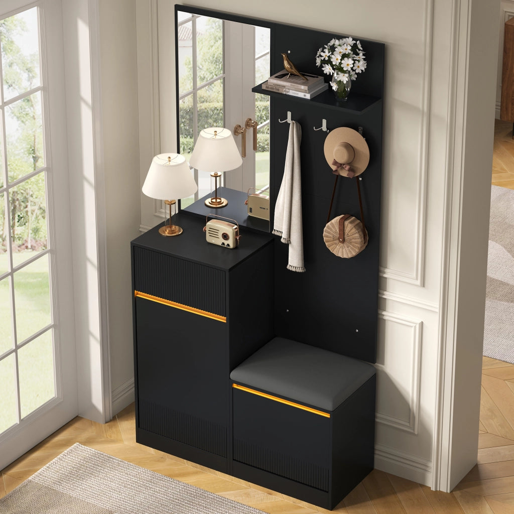 Mobili da ingresso con specchio; scarpiera e illuminazione LED; vano contenitore per ingresso; 105 × 38 × 190 cm