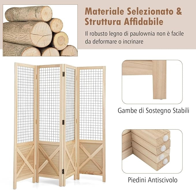 Paravento a 4 Pannelli, Separé Divisorio Interno Pieghevole, Pannelli Divisori a Griglia in Legno per Casa, Ufficio, Fiera dell'Artigianato, Vendita al Dettaglio, Eventi