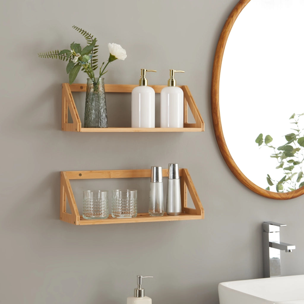 Set Gjerdrum di 2 Mensole da Muro con Piani a Doghe - Bambù Naturale [en.casa]