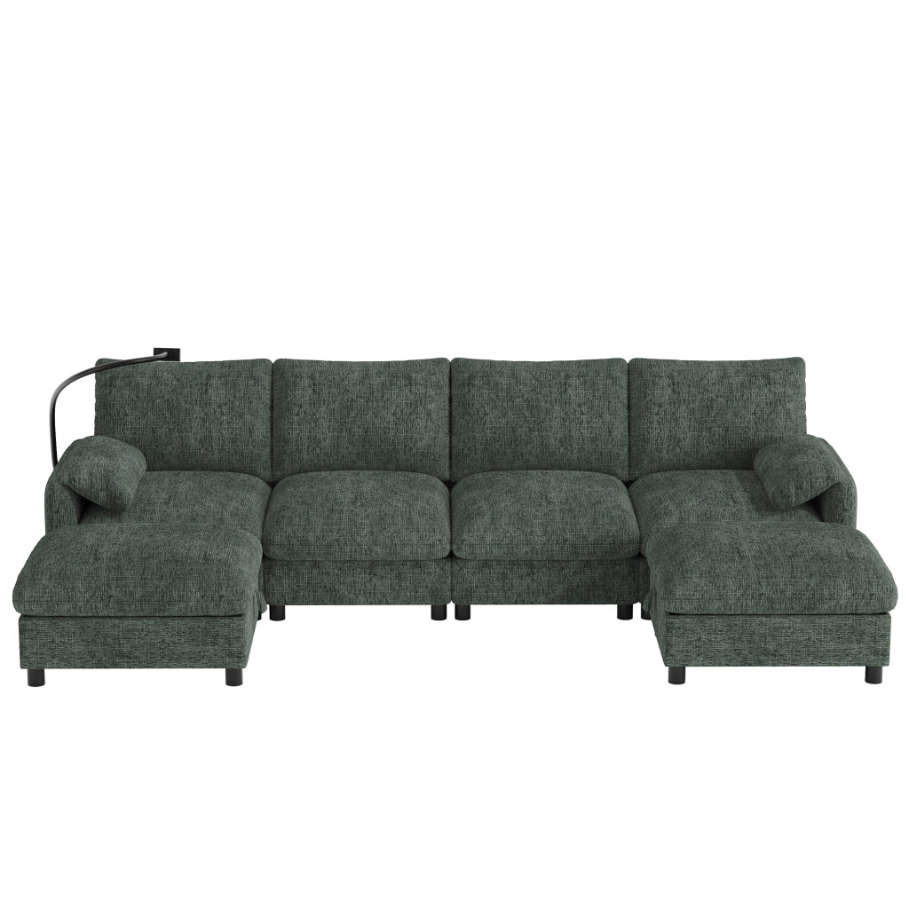 Divano modulare 6 posti configurabile a L/U in ciniglia verde con 2 pouf contenitore USB e Type-C