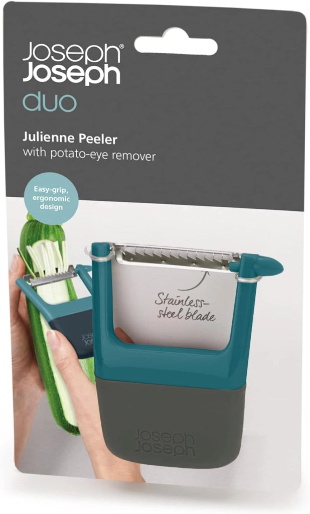 Joseph Joseph Duo Pela Patate e Verdure Julienne, Taglia Verdure Multifunzione con Impugnatura Ergonomica Antiscivolo, Azzurro Scuro