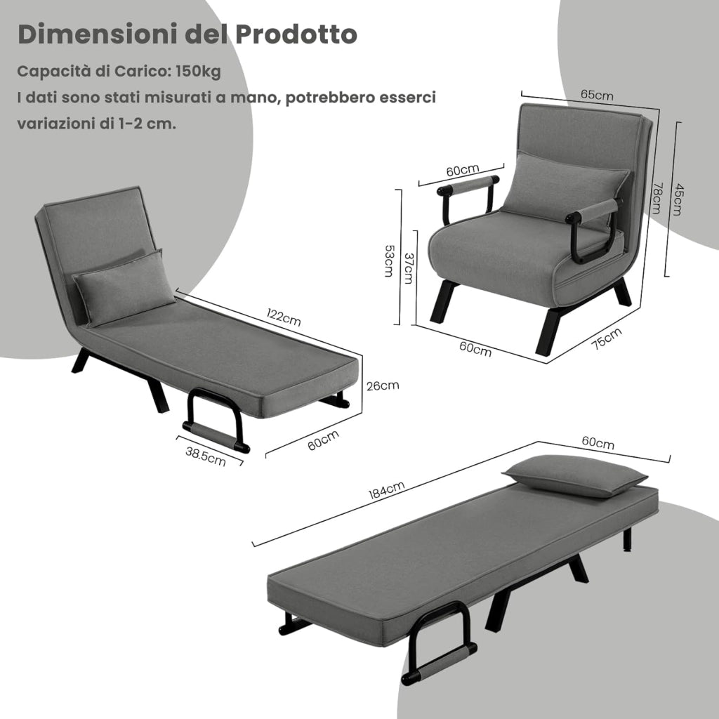 Poltrona Relax Reclinabile Convertibile, Divano Letto Trasformabile 3 in 1, con Schienale Regolabile in 5 Posizioni, Cuscino Rimovibile, Seduta Imbottita, 65 x 75 x 78cm, Grigio Scuro