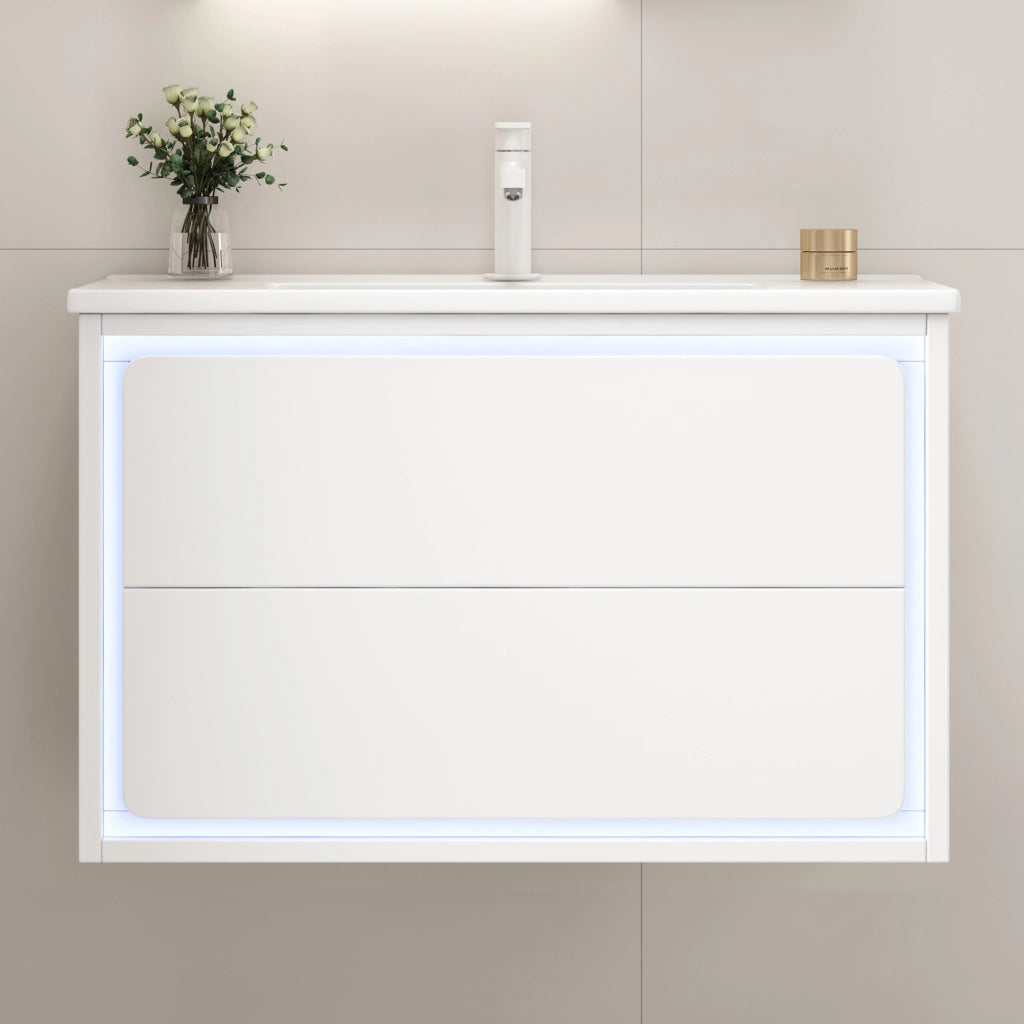 Mobile Bagno Sospeso con Lavabo Integrato e LED ¨C MINIMAL ¨C Bianco, 2 Cassetti, 76x46x48.5cm