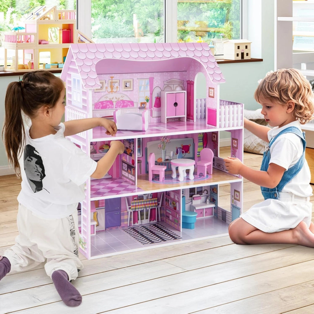 Casa delle Bambole in Legno per Bambina Giocattolo dei Bambini 3 Piani con Mobili e Accessori