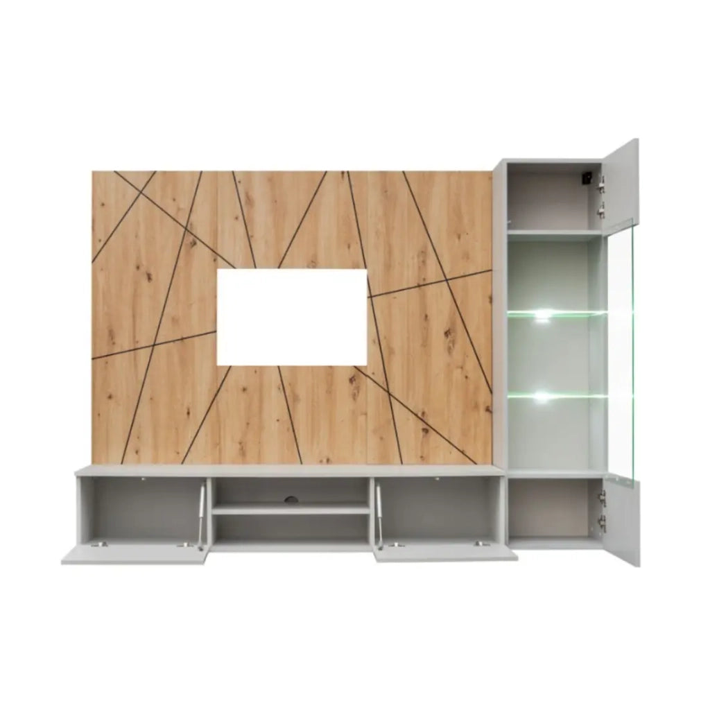 Composizione murale IXAR geometrica – Mobile TV + vetrina sospesa + pannelli decorativi