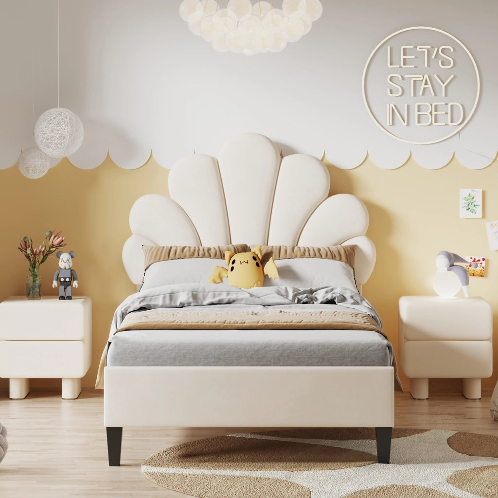 Letto Singolo 90×200 cm con Testiera a Fiore; Imbottito in Velluto; senza Materasso; Beige