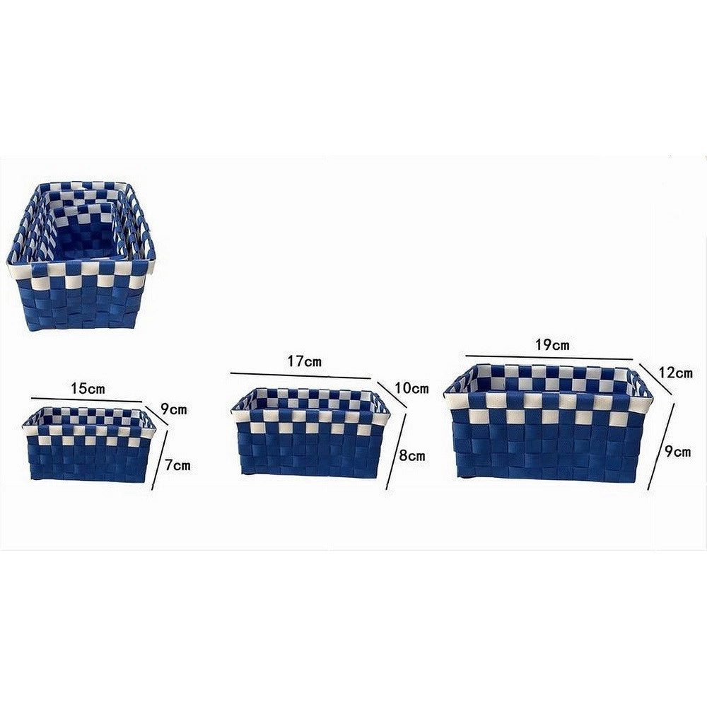 Trade Shop - Set 3 Cestini Portaoggetti Organizer Tessuto Bagno Rettangolari Blu Bianco 59082 -