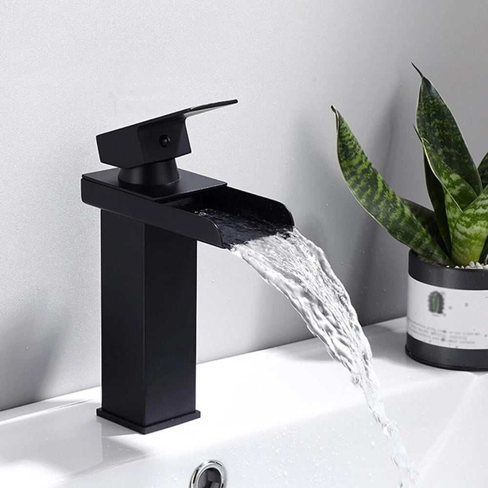 Trade Shop - Miscelatore A Cascata Nero Lavabo Bagno Rubinetto A Canna Bassa Monocomando 87398 -