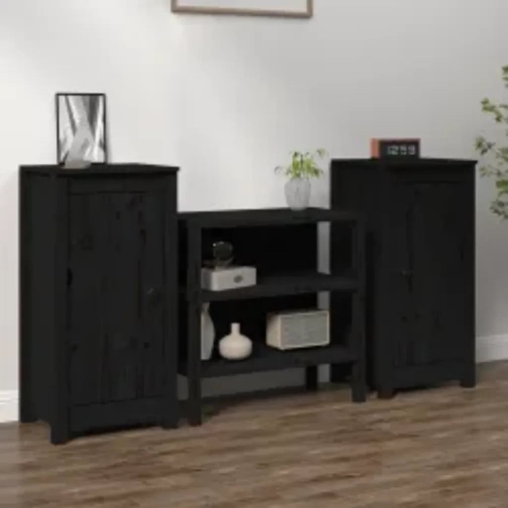 Credenze 2 pz Nere 39x35x80 cm in Legno Massello di Pino 813733