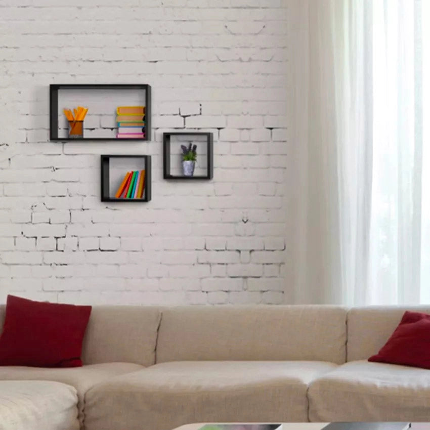 Set 3 Mensole Cubo da Parete Quadrato e Rettangolare in Fibra di Legno Tribù Noce